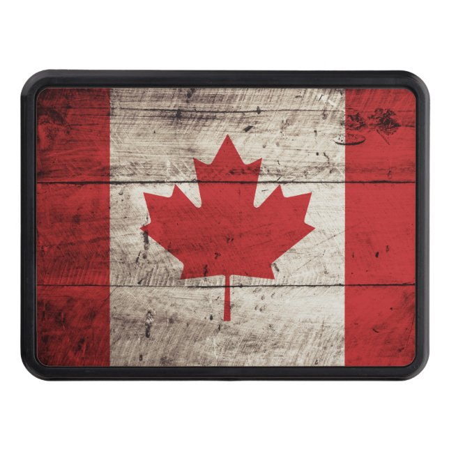 Canada Flag on Old Wood Grain Trailer Hitch Cover (Front)