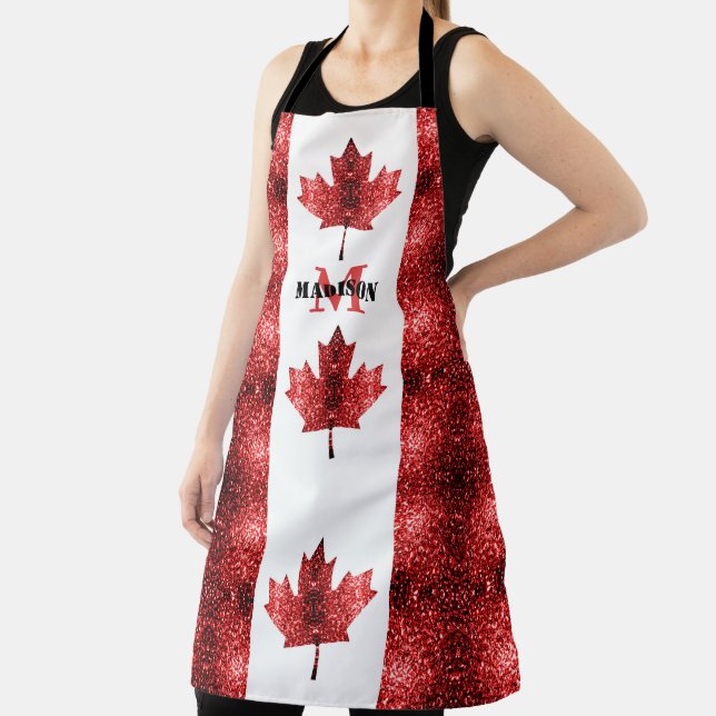 Canada flag red sparkles pattern Monogram Apron (Insitu)