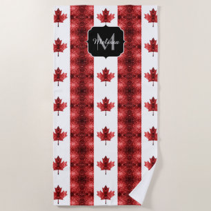 Canada flag red sparkles pattern Monogram Beach Towel