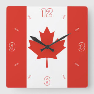 Canada Flag Red White Numbers Patriotic  Square Wall Clock