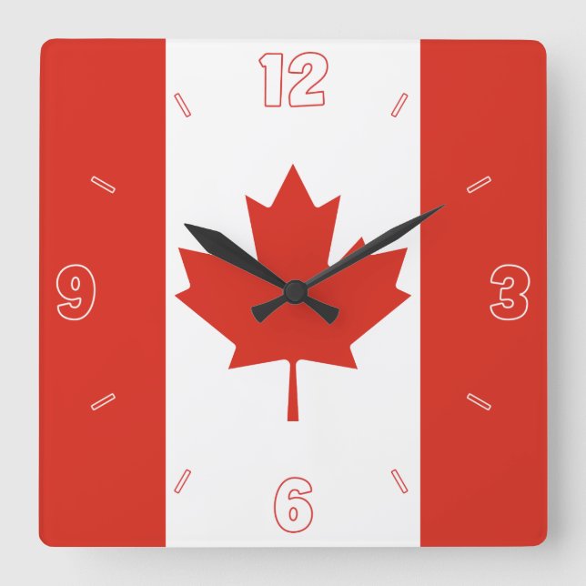 Canada Flag Red White Numbers Patriotic  Square Wall Clock (Front)