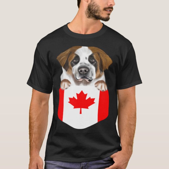 Canada Flag St Bernard Dog In Pocket T-Shirt (Front)