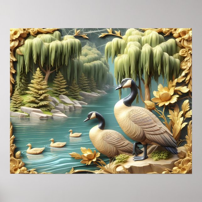 Canada Geese Amidst the Weeping Willows20x16 Poster (Front)