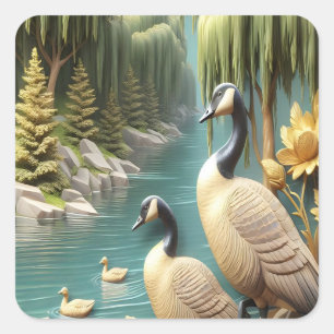 Canada Geese Amidst the Weeping Willows 16x20 Square Sticker