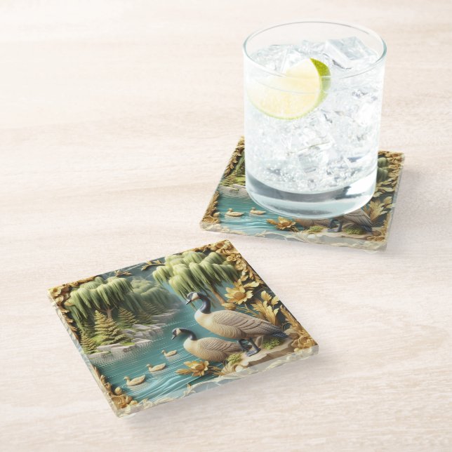 Canada Geese Amidst the Weeping Willows  Glass Coaster (Angled)