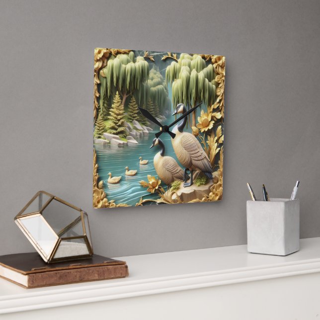 Canada Geese Amidst the Weeping Willows  Square Wall Clock (Office)
