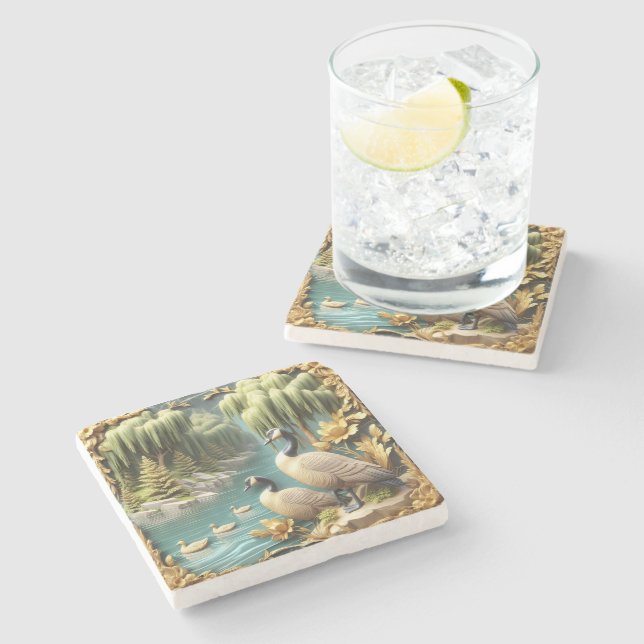 Canada Geese Amidst the Weeping Willows  Stone Coaster (Side)