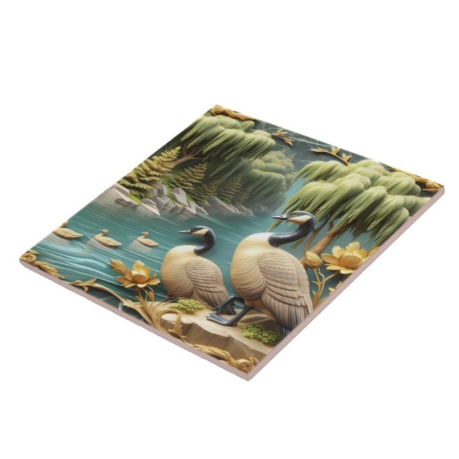 Canada Geese Amidst the Weeping Willows  Tile (Side)