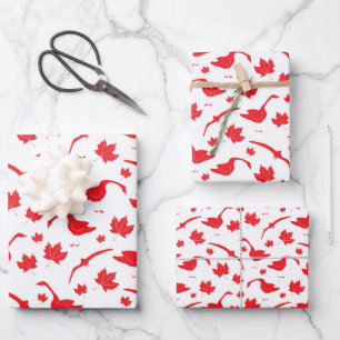 Canada Geese and Maple Leaves - Canadian flag red. Wrapping Paper Sheet