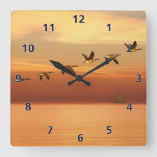Canada Geese in Flight at Sunset Square Wall Clock