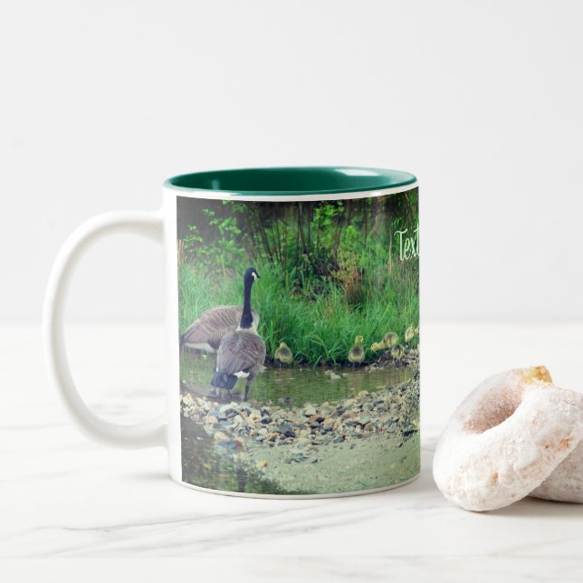 Canada Geese Mom Dad Babies Nature Personalized Two-Tone Coffee Mug (With Donut)