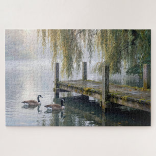 Canada Geese on a Misty Lake with a Dock Jigsaw Puzzle
