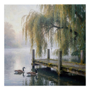 Canada Geese on a Misty Lake with a Dock Poster