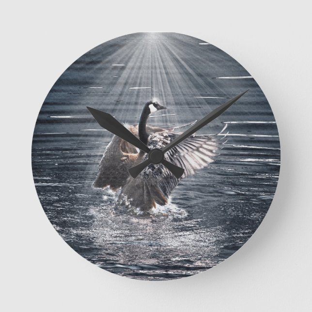 Canada Goose Bathing in a Lake Art Design Round Clock (Front)