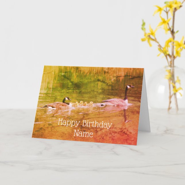 Canada Goose Family Nature Art Birthday Card (Yellow Flower)