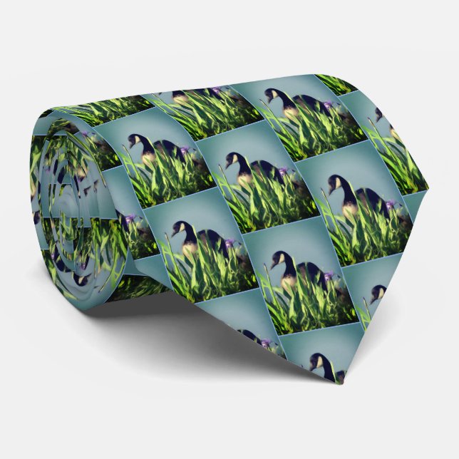 Canada Goose Irises Nature Art Blue Tie (Rolled)