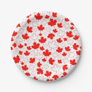 Canada Maple Leaf Red White Random Pattern Paper Plate