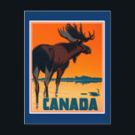 Canada Postcard<br><div class="desc">Vintage tourism and travel advertisement illustration for Canada. Features an outdoor scene with a moose. I added thoughtfully designed,  colourful graphic borders.</div>