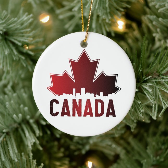 Canada Skyline Gradient Maple Leaf Patriotic Ceramic Ornament (Tree)