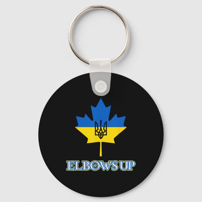 Canada Supports Ukraine Elbows Up Maple Leaf Tride Keychain (Front)