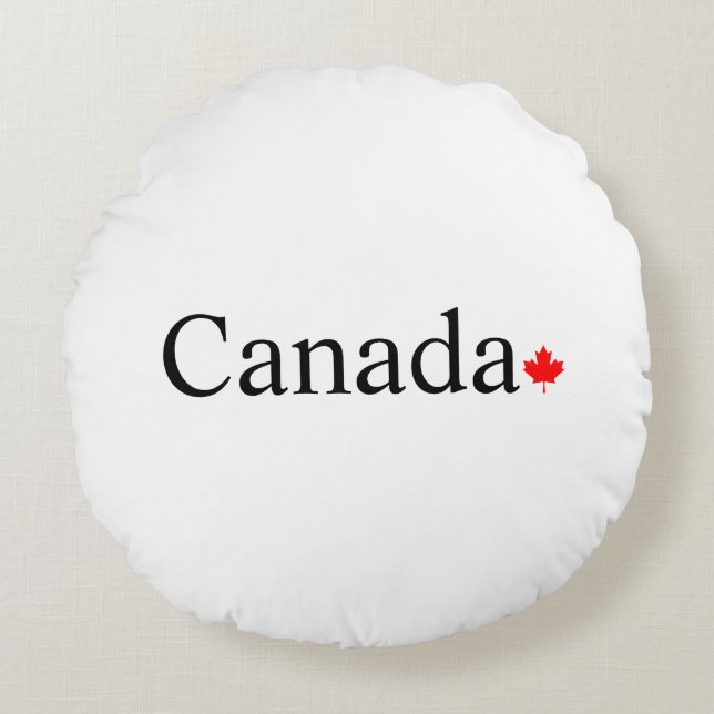 Canada typography with red maple leaf white round pillow (Front)