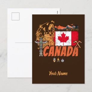 Canada Vintage Flag And Grizzly Bear Holiday Postcard