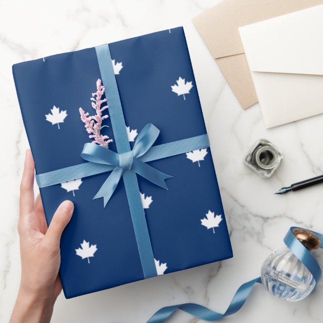 Canada White Maple Leaf on Blue Pattern Wrapping Paper (Gifting)