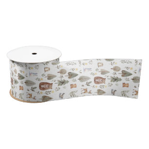 Canada Woodland Animals & Forest Trees Watercolor Satin Ribbon