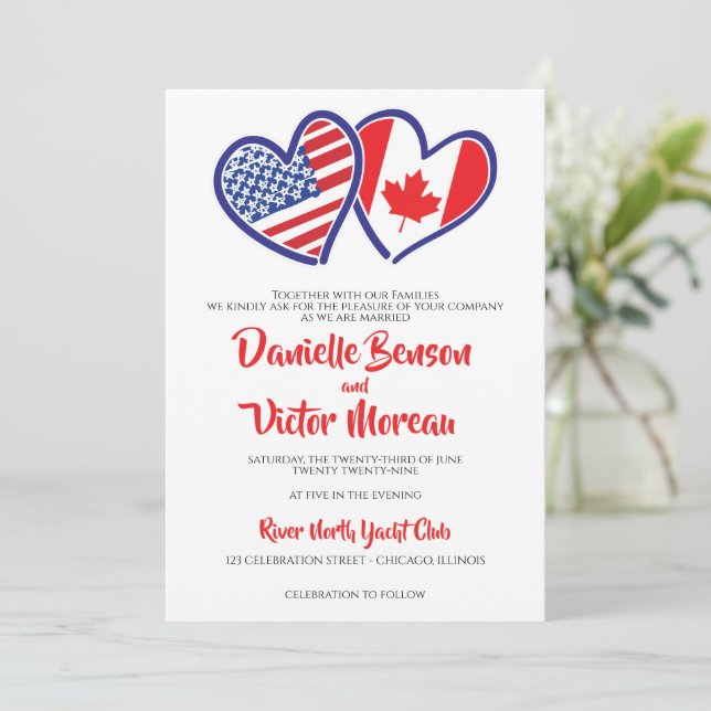 Canadian American Heart Flags Wedding Invitation (Standing Front)