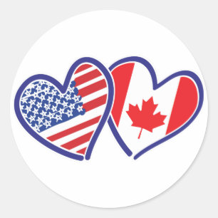 Canadian and America Flag Hearts Classic Round Sticker