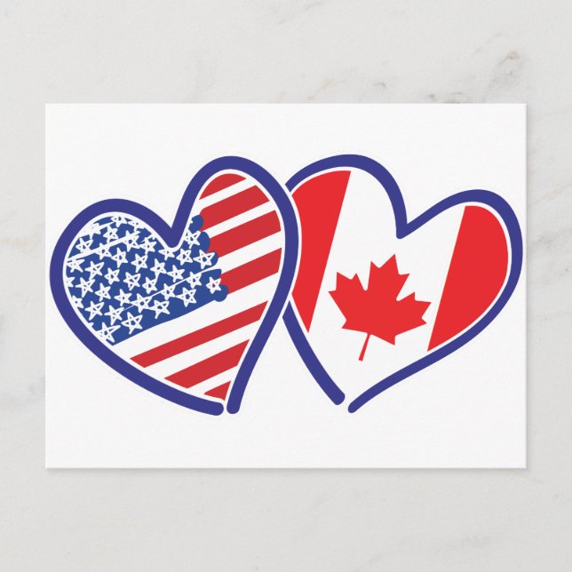 Canadian and America Flag Hearts Postcard (Front)