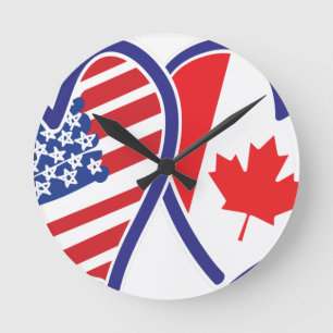 Canadian and America Flag Hearts Round Clock