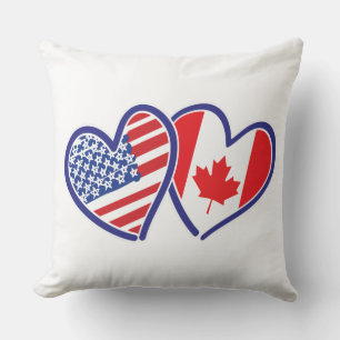 Canadian and America Flag Hearts Throw Pillow