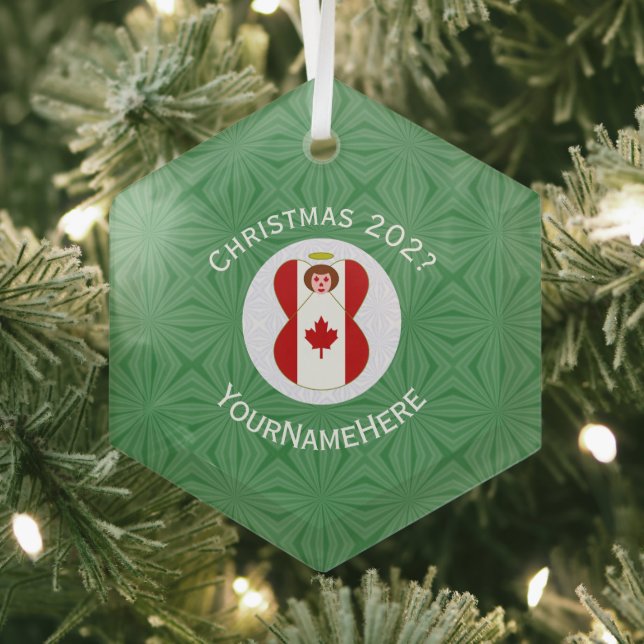 Canadian Angel Christmas Flag Personalized  Glass Ornament (Insitu)