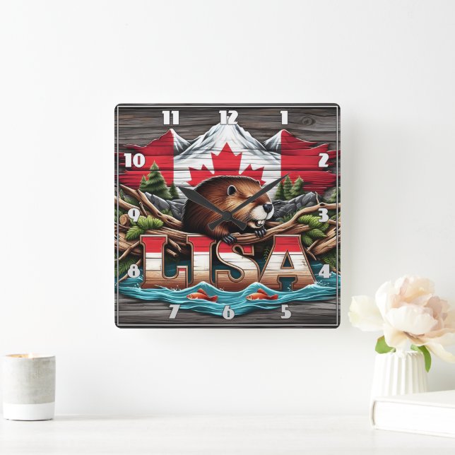 Canadian Beaver Amongst Trees and Mountains Square Wall Clock (Home)
