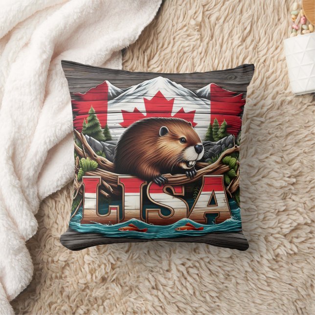 Canadian Beaver Amongst Trees and Mountains Throw Pillow (Blanket)