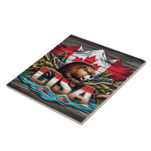 Canadian Beaver Amongst Trees and Mountains Tile