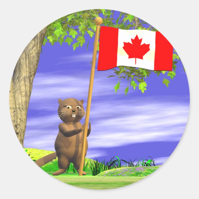 Canadian Beaver and Flag Classic Round Sticker (Front)