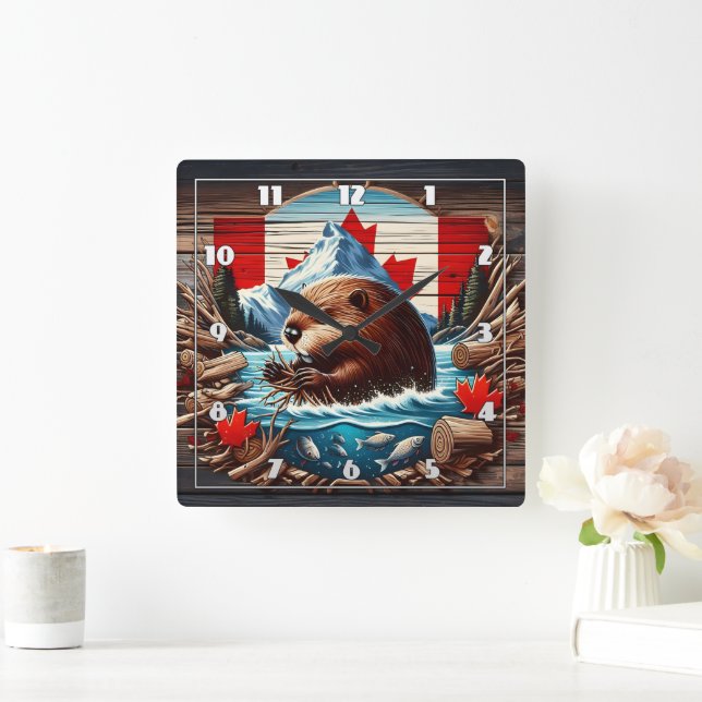 Canadian Beaver Building a Dam in Autumn River Square Wall Clock (Home)