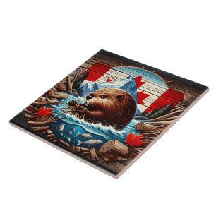 Canadian Beaver Building a Dam in Autumn River Tile