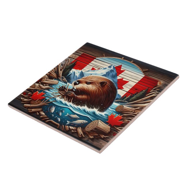 Canadian Beaver Building a Dam in Autumn River Tile (Side)