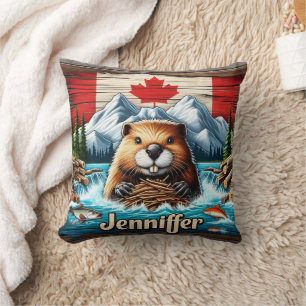 Canadian Beaver Building a Dam in Mountain Stream Throw Pillow