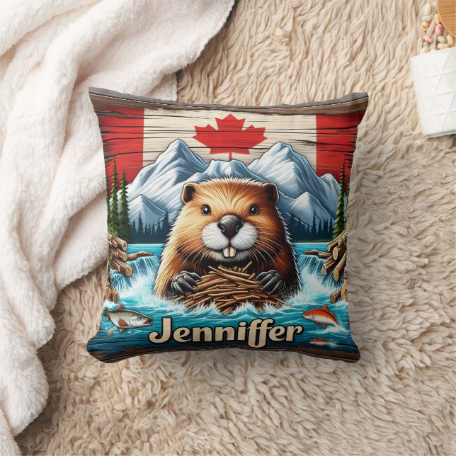 Canadian Beaver Building a Dam in Mountain Stream Throw Pillow (Blanket)