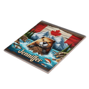 Canadian Beaver Building a Dam in Mountain Stream Tile