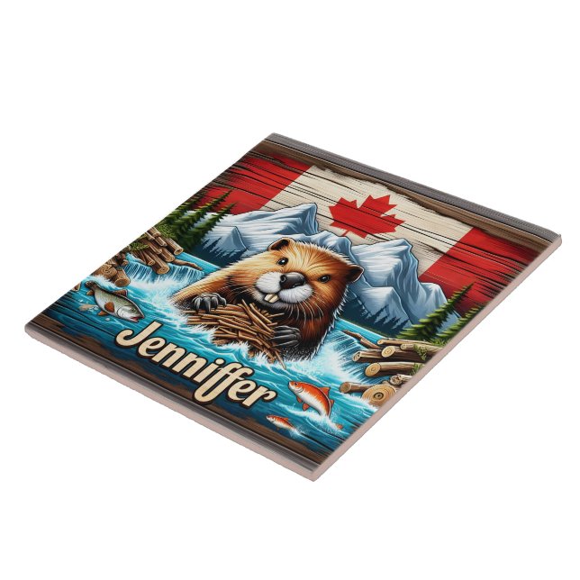 Canadian Beaver Building a Dam in Mountain Stream Tile (Side)