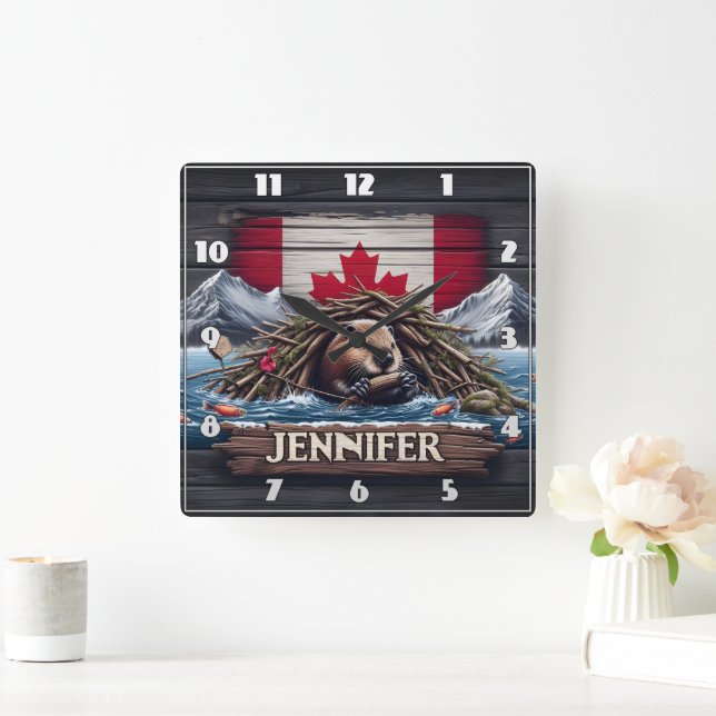 Canadian Beaver Building Dam Near Mountains Square Wall Clock (Home)