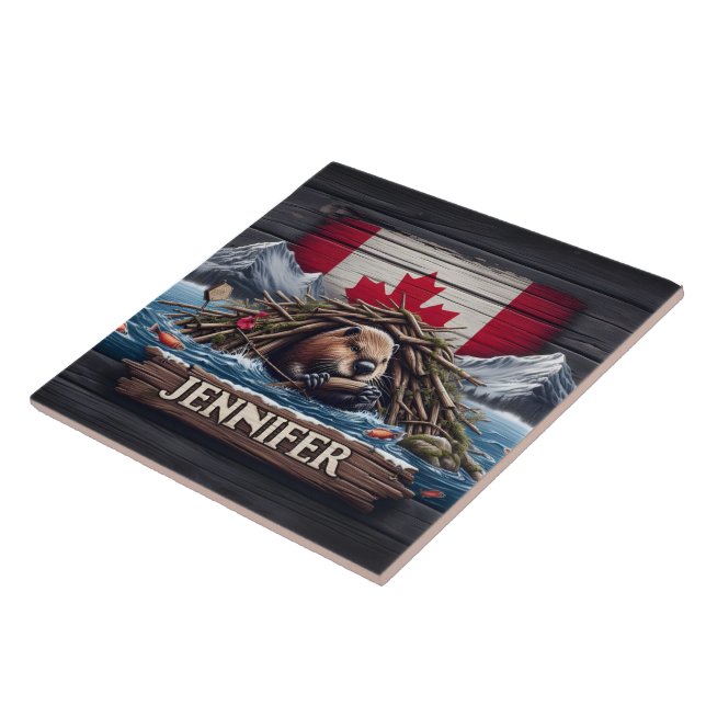 Canadian Beaver Building Dam Near Mountains Tile (Side)