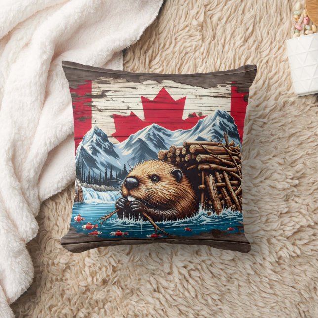 Canadian Beaver Building Its Lodge by Water Throw Pillow (Blanket)