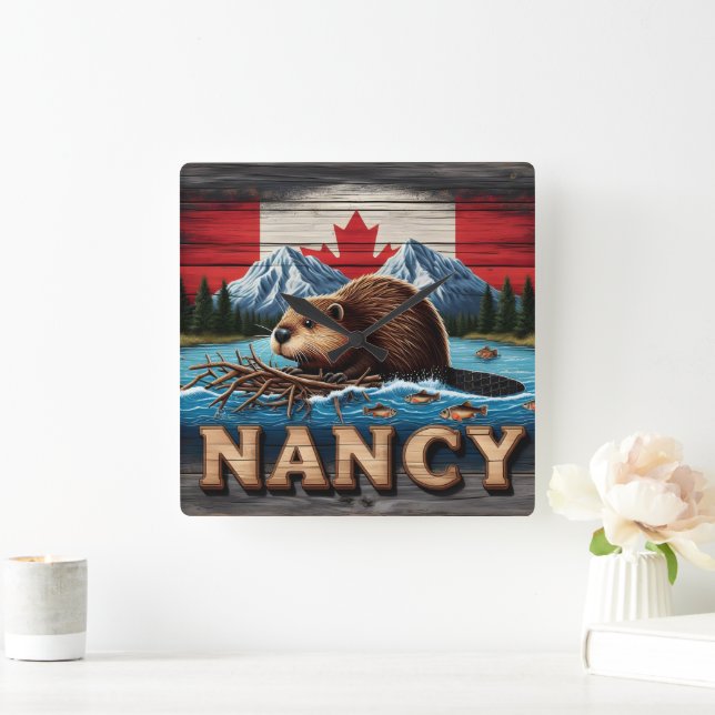 Canadian Beaver Builds Nest Near Mountain Lake Square Wall Clock (Home)