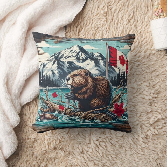 Canadian Beaver by Lake With Mountain Backdrop Throw Pillow (Blanket)